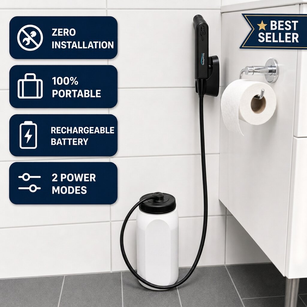 RinseFlow mounted on a bathroom wall with its suction holder beside the toilet