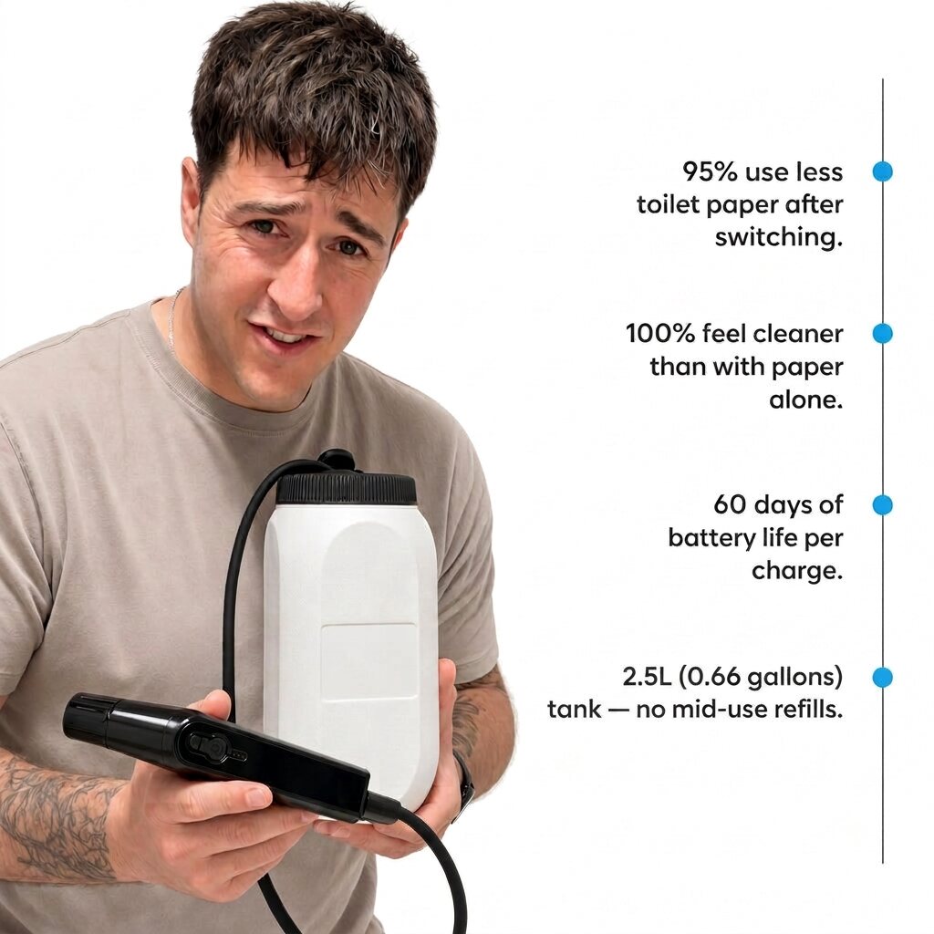 Man holding the RinseFlow portable bidet, showing the 2.5L tank and 60-day battery
