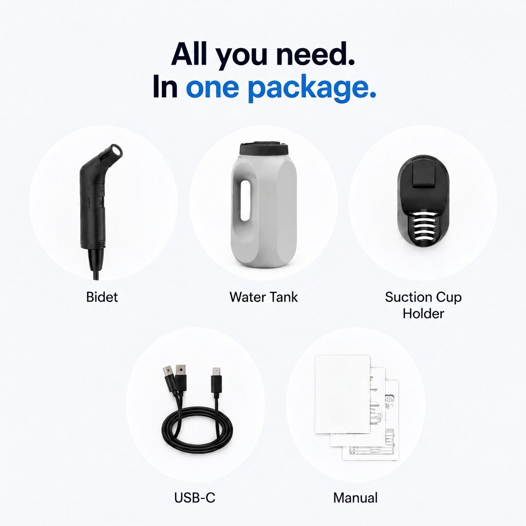 Everything in the RinseFlow box: bidet sprayer, water tank, suction holder, USB-C cable and manual